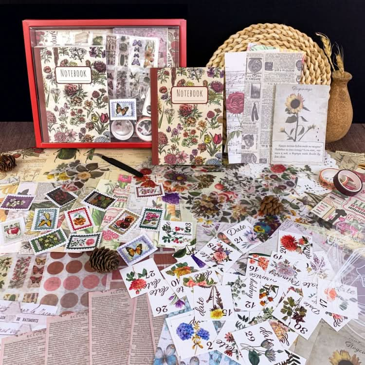 265 In 1 Retro Floral Scrapbook Set Includes A6 Notebook + Stickers + Tape + Stamps + Scrapbook Paper(SH011)-Reluova