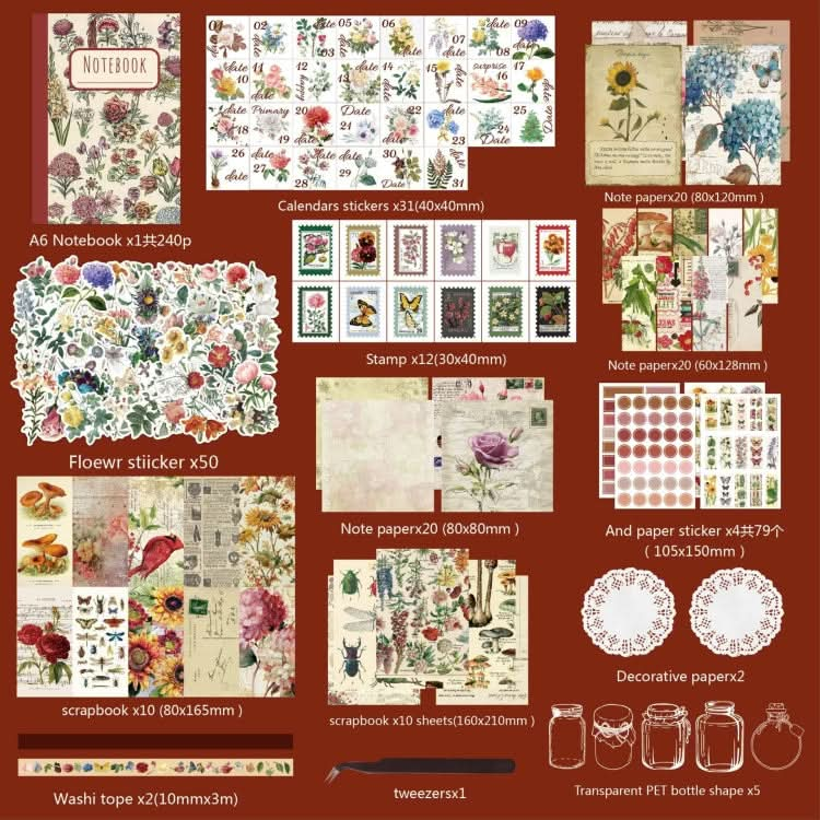 265 In 1 Retro Floral Scrapbook Set Includes A6 Notebook + Stickers + Tape + Stamps + Scrapbook Paper(SH011)-Reluova