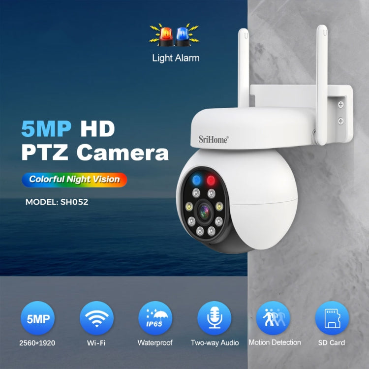 SriHome SH052B Wifi 5MP Wireless PTZ IP AI Auto Tracking Sound&Light Alarm Starlight Color Night Vision Outdoors Surveillance Camera Reluova