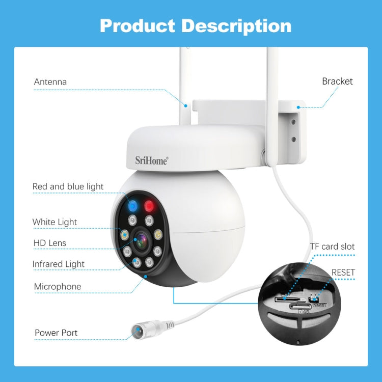 SriHome SH052B Wifi 5MP Wireless PTZ IP AI Auto Tracking Sound&Light Alarm Starlight Color Night Vision Outdoors Surveillance Camera Reluova