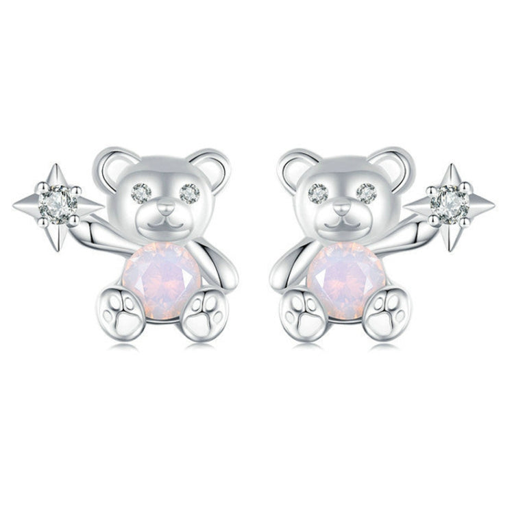 S925 Sterling Silver Platinum Plated Cute Bear Opal Earrings My Store