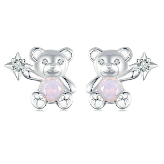 S925 Sterling Silver Platinum Plated Cute Bear Opal Earrings My Store