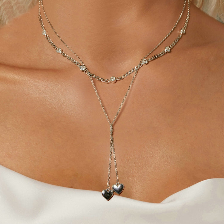 S925 Sterling Silver Platinum Plated Heart Shaped Double Sweater Necklace My Store