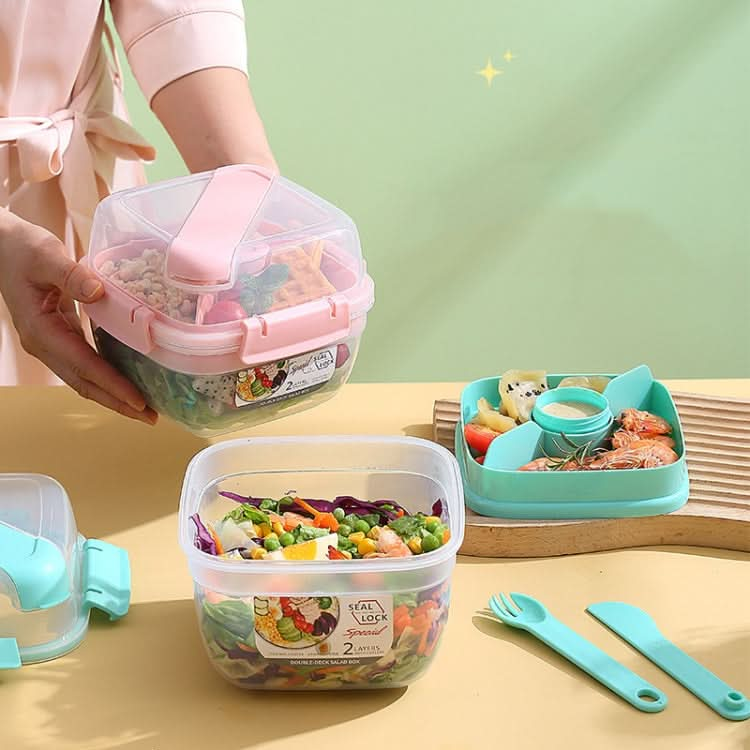 Microwaveable Double Layer Salad Container Picnic Lunch Box with Fork Spoon Reluova