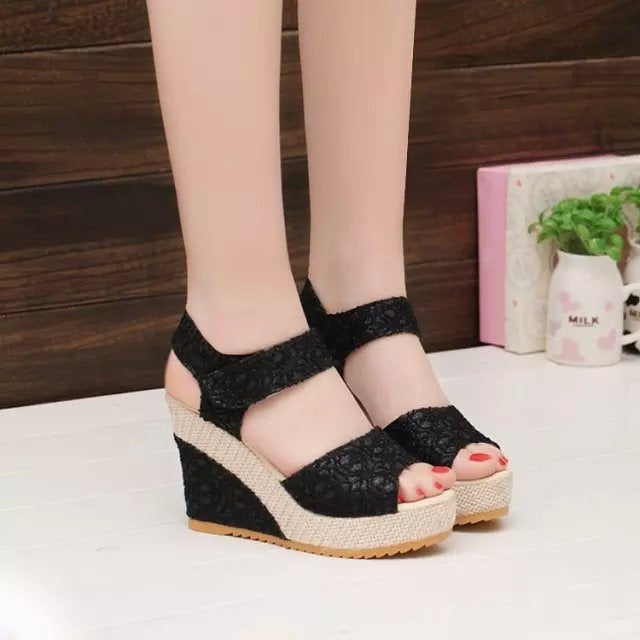 Summer Women Sandals Slope Heel Lace Open Toe Adhesive One Word Buckle Strap Muffin Thick Bottom Shoes