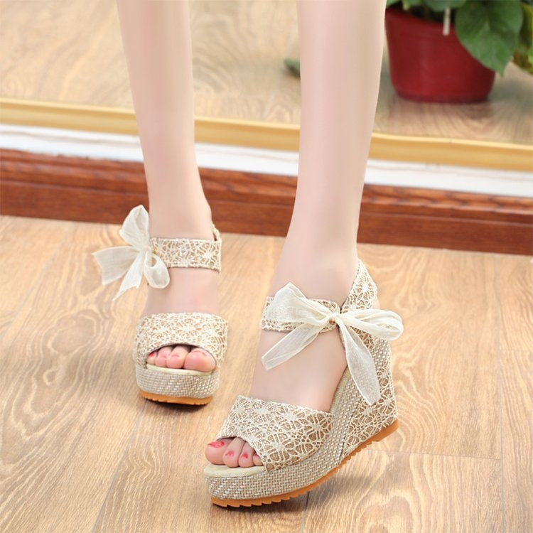 Summer Women Sandals Slope Heel Lace Open Toe Adhesive One Word Buckle Strap Muffin Thick Bottom Shoes