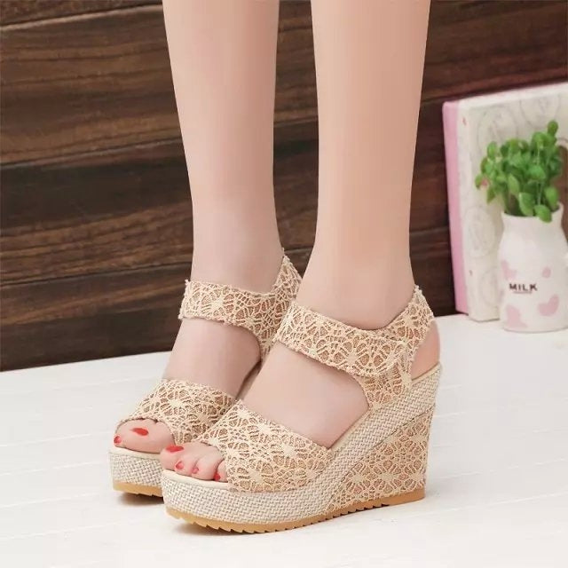 Summer Women Sandals Slope Heel Lace Open Toe Adhesive One Word Buckle Strap Muffin Thick Bottom Shoes