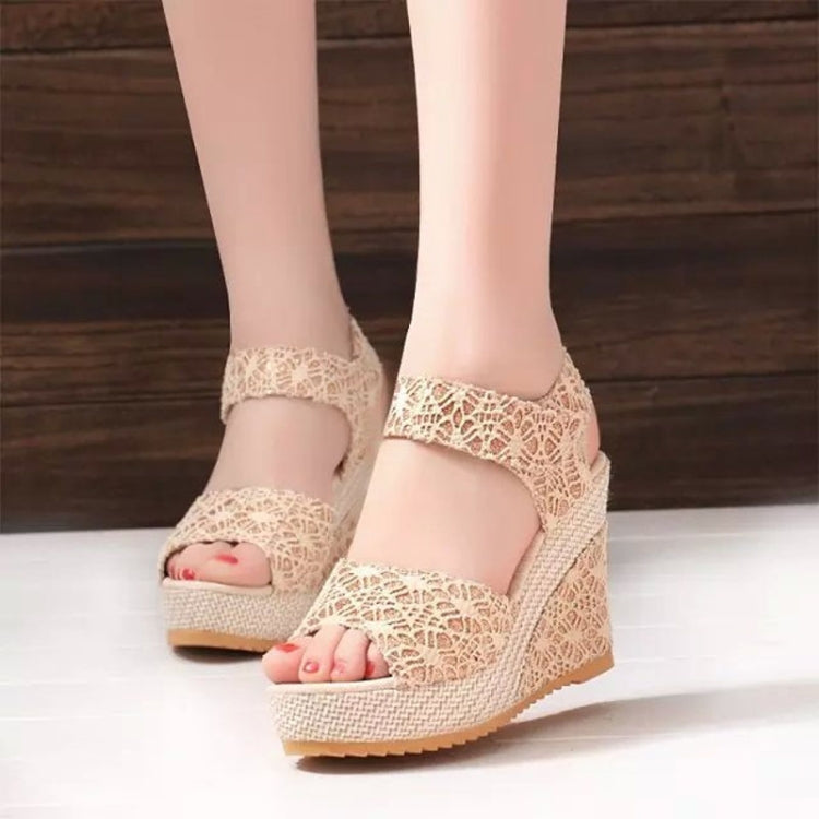 Summer Women Sandals Slope Heel Lace Open Toe Adhesive One Word Buckle Strap Muffin Thick Bottom Shoes