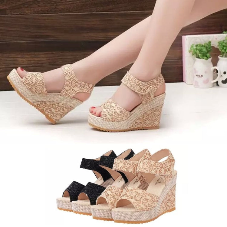 Summer Women Sandals Slope Heel Lace Open Toe Adhesive One Word Buckle Strap Muffin Thick Bottom Shoes