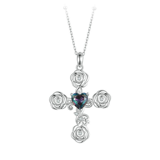 S925 Sterling Silver Platinum Plated Rose Cross Necklace For Women My Store