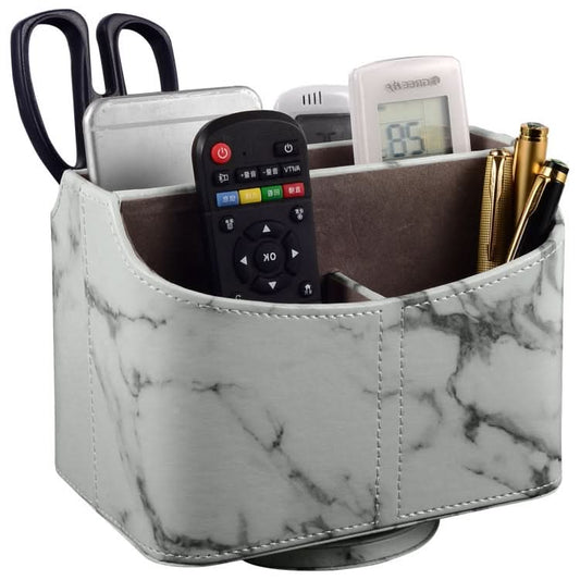 360 Degrees Rotating Desk Organizer Storage Box PU Leather Remote Control Holder, Style: Marble-Reluova