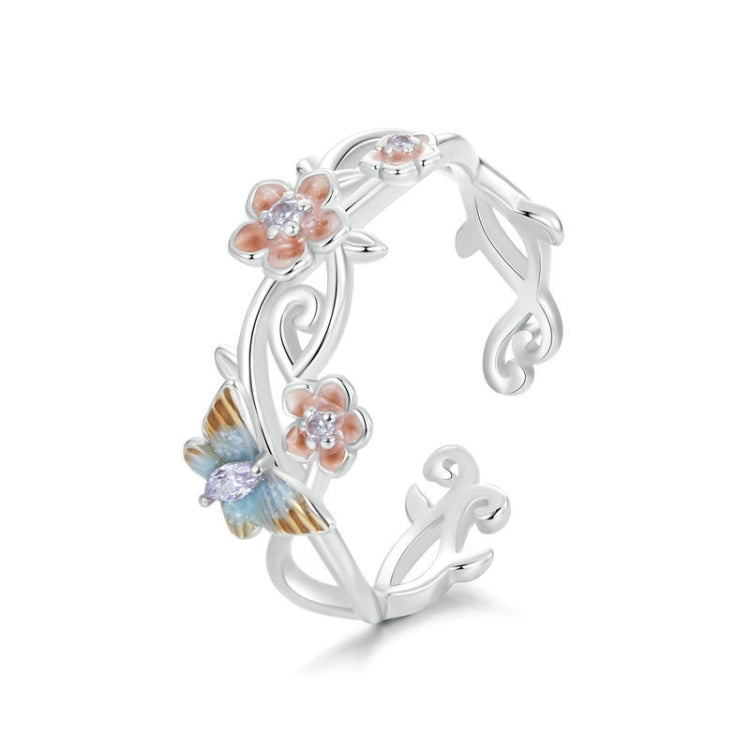 S925 Sterling Silver Romantic Cherry Blossom Butterfly Adjustable Open Ring My Store