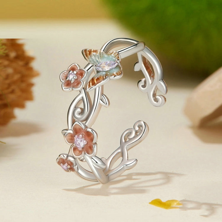 S925 Sterling Silver Romantic Cherry Blossom Butterfly Adjustable Open Ring My Store