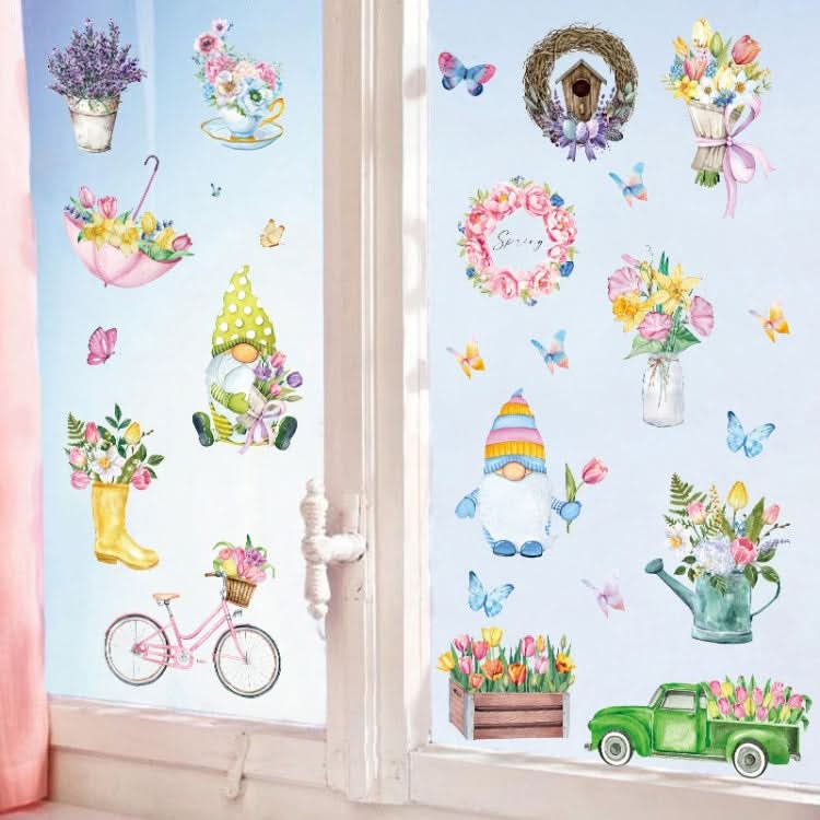 25pcs /Set Spring Flowers Living Room Glass Window Stickers Dwarf Cartoon Wall Decals-Reluova