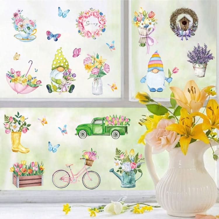 25pcs /Set Spring Flowers Living Room Glass Window Stickers Dwarf Cartoon Wall Decals-Reluova