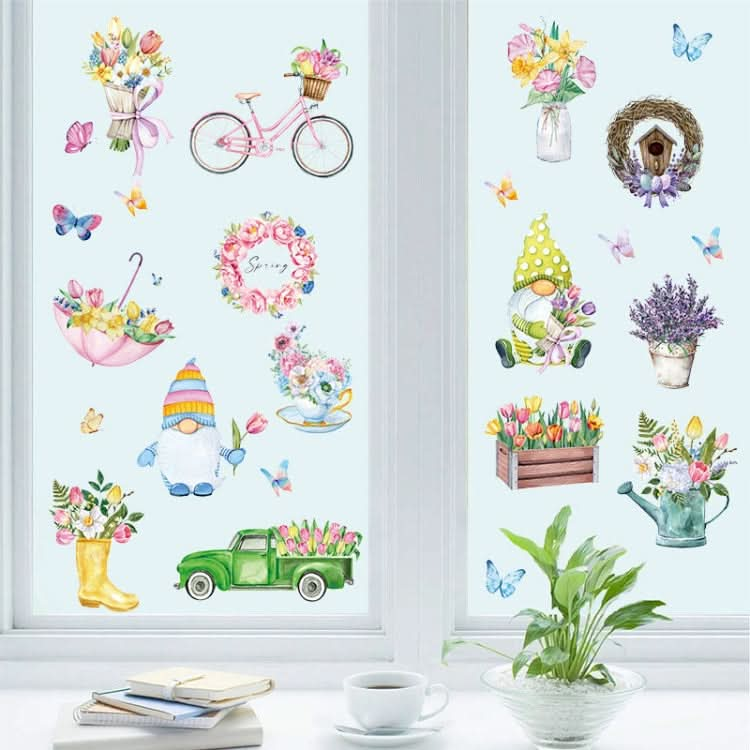 25pcs /Set Spring Flowers Living Room Glass Window Stickers Dwarf Cartoon Wall Decals-Reluova