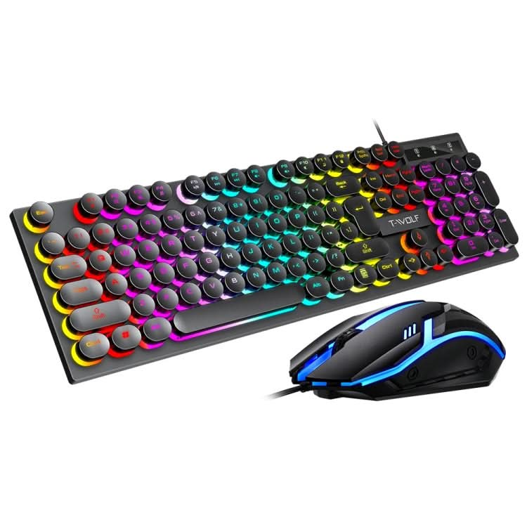 T-WOLF TF270 Colorful Light Effect Retro Gaming Wired Keyboard And Mouse Set My Store