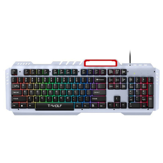 T-WOLF 130cm Line Length Cool Lighting Effect Metal Plate Gaming Wired Keyboard With Phone Holder My Store