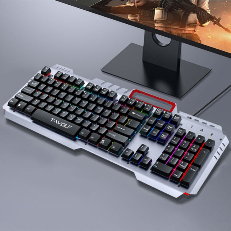 T-WOLF 130cm Line Length Cool Lighting Effect Metal Plate Gaming Wired Keyboard With Phone Holder My Store