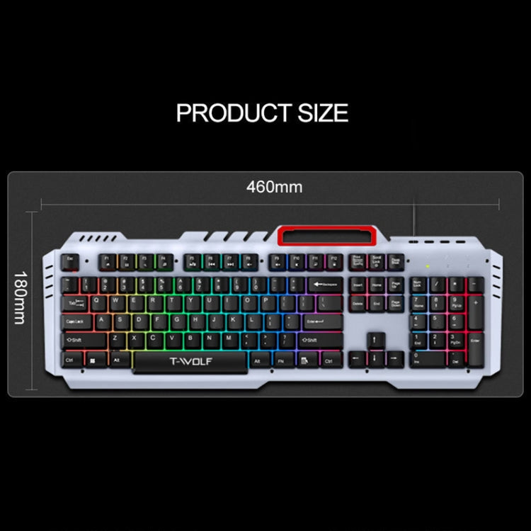 T-WOLF 130cm Line Length Cool Lighting Effect Metal Plate Gaming Wired Keyboard With Phone Holder My Store