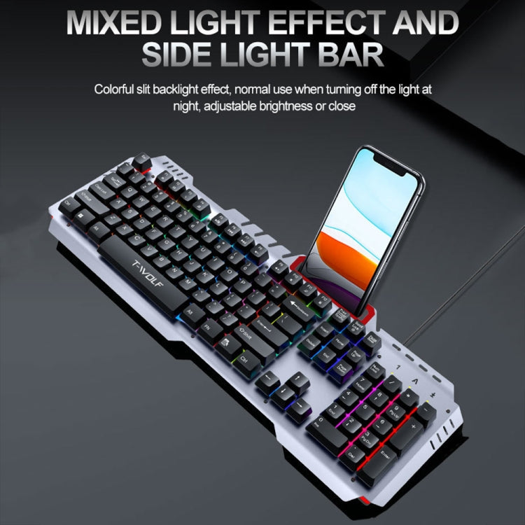 T-WOLF 130cm Line Length Cool Lighting Effect Metal Plate Gaming Wired Keyboard With Phone Holder My Store