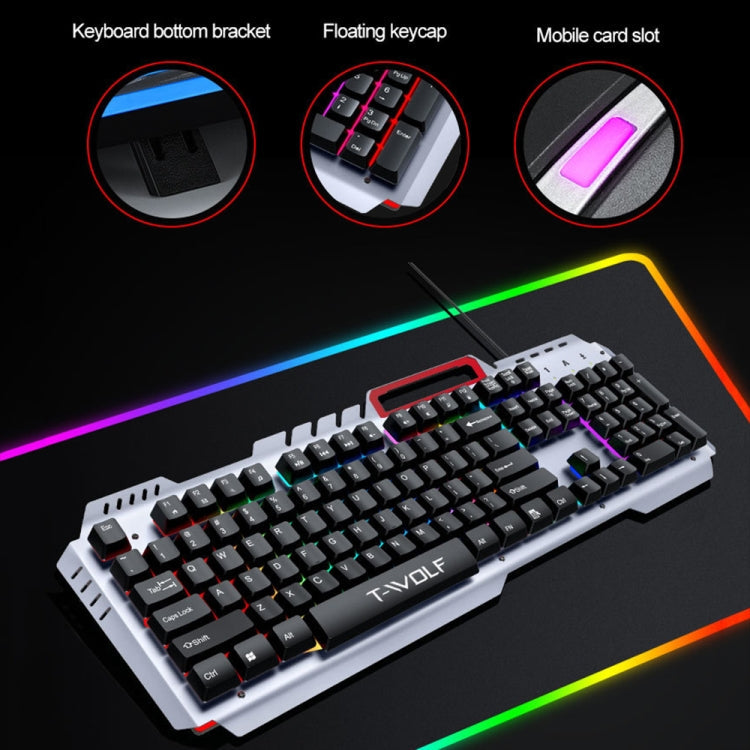 T-WOLF 130cm Line Length Cool Lighting Effect Metal Plate Gaming Wired Keyboard With Phone Holder My Store