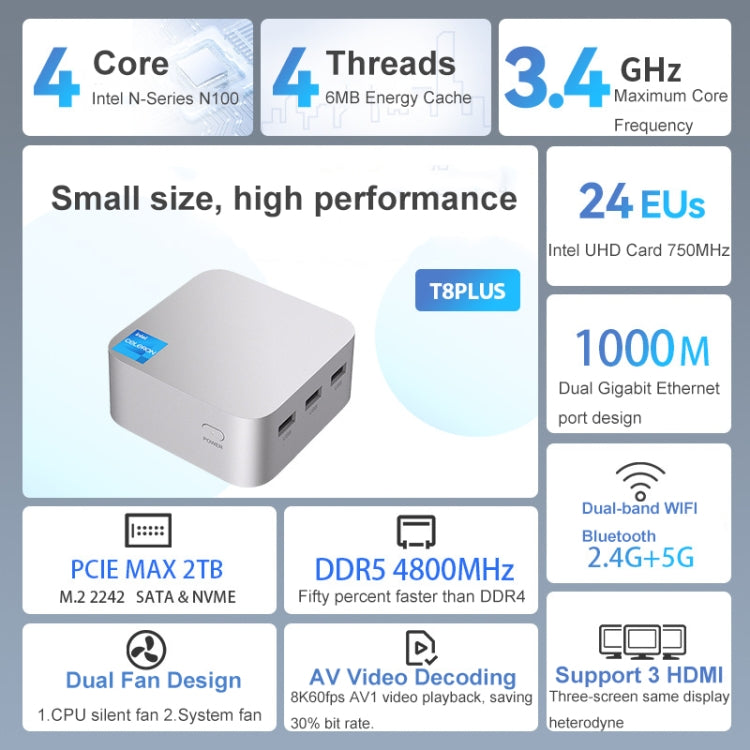 T8Plus Alder Lake-N100 4K Dual Band WIFI Bluetooth Office Game Portable Mini PC