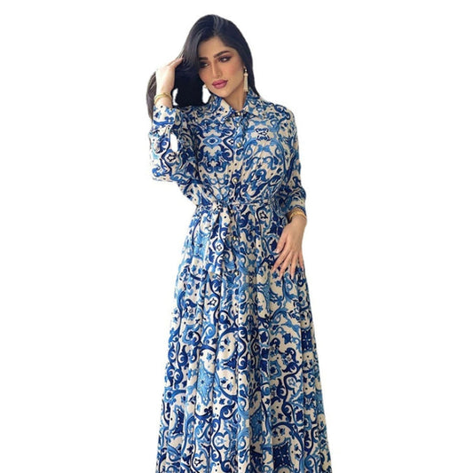 Ladies Printed Big Hem Shirt Tie Long Dress My Store