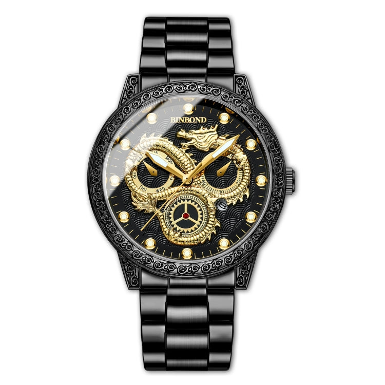 BINBOND B3030 Embossed Dragon Luminous Waterproof Quartz Watch