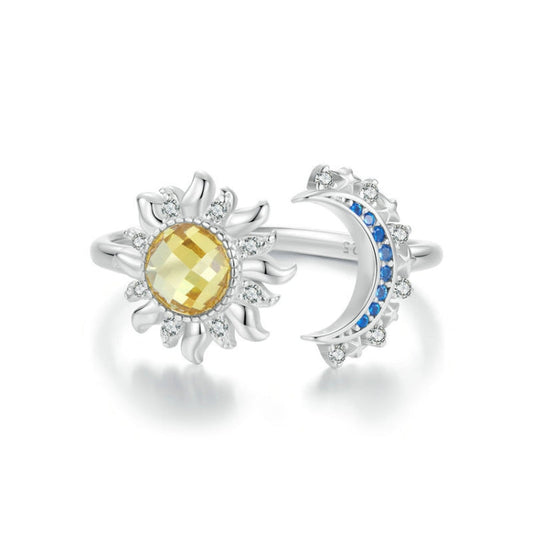 S925 Sterling Silver Platinum-plated Sun Moon Adjustable Open Ring My Store