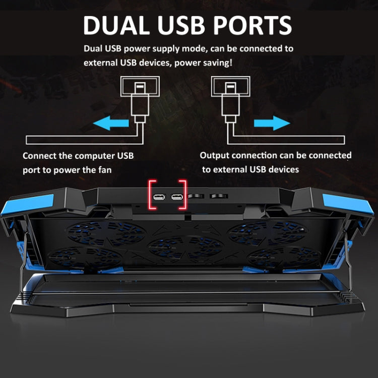 NUOXI 5 Fans Laptop Radiator Bracket Height Adjustable with Dual USB Ports