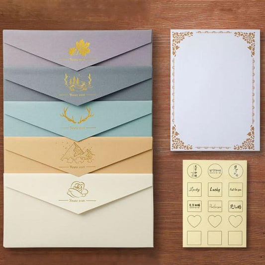 26pcs /Set Vintage Foil Stamping Simple Greeting Card Invitation Romantic Envelope(5 Light Color+20 White Blank Letter Paper+Transparent Stickers)-Reluova