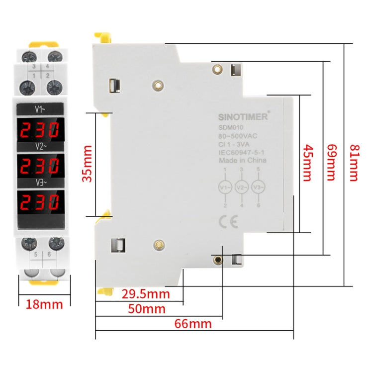 SINOTIMER SDM010 Modular Rail Type AC Three-Phase Digital Voltmeter Electronic Instrumentation Reluova