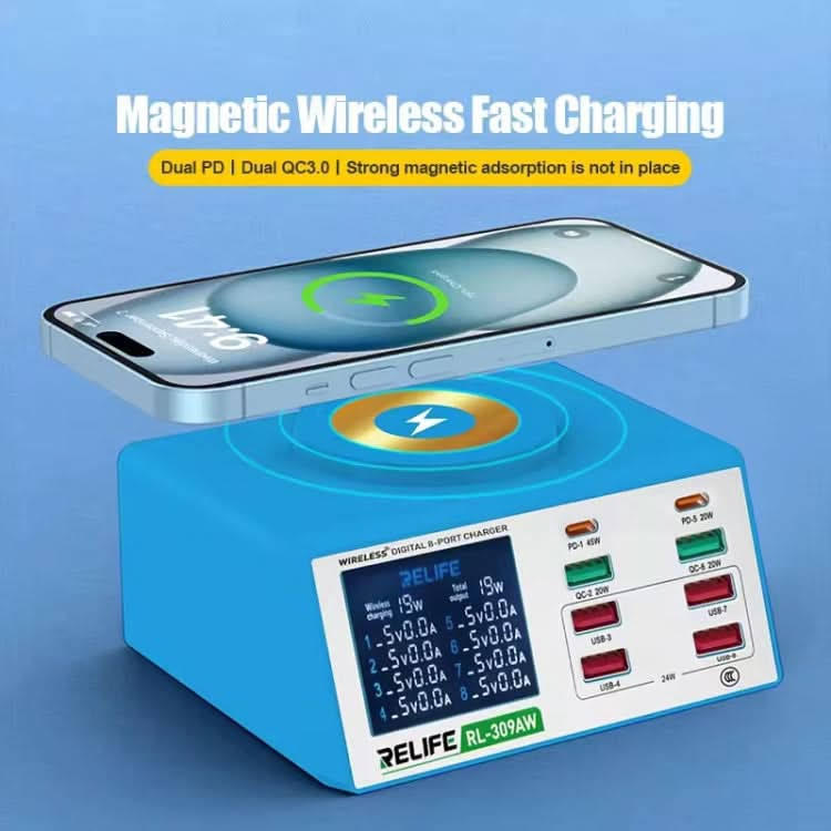 RELIFE RL-309AW  QC3.0 PD Fast Wireless Charger With LCD Display 8 Ports