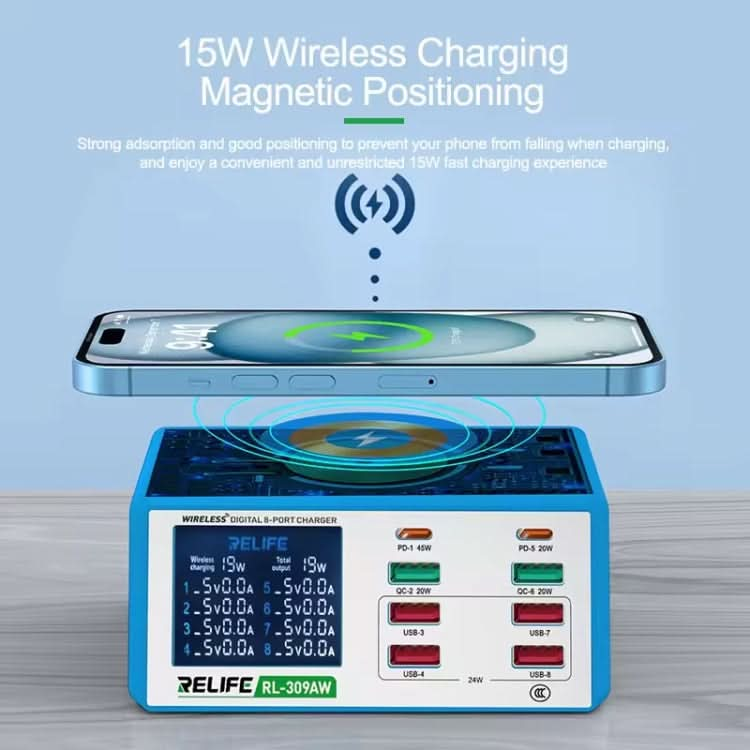 RELIFE RL-309AW  QC3.0 PD Fast Wireless Charger With LCD Display 8 Ports