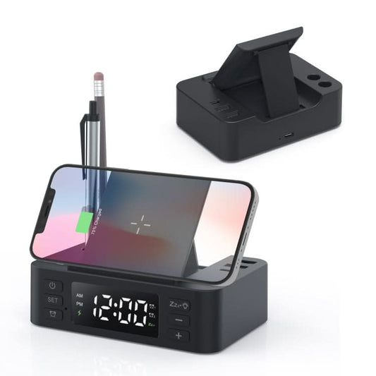 Wireless Charger Alarm Clock Foldable Mobile Stand With Pen Holder & Dual USB +1 Type-C Output