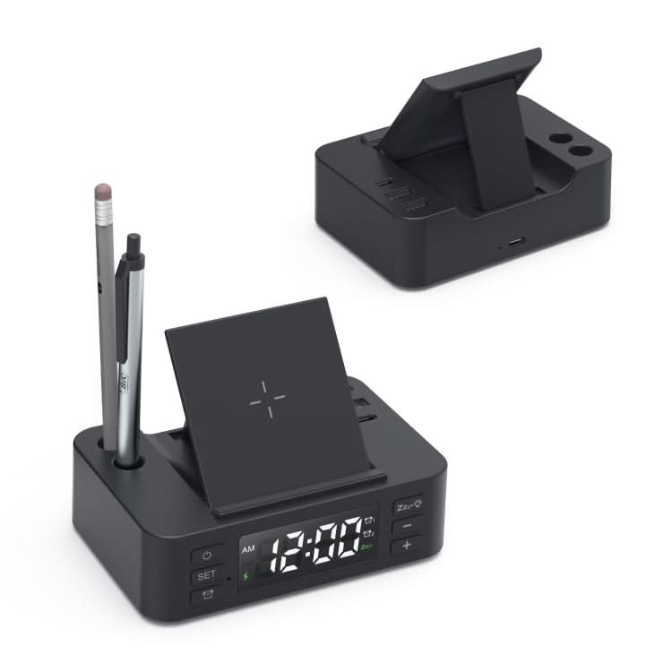 Wireless Charger Alarm Clock Foldable Mobile Stand With Pen Holder & Dual USB +1 Type-C Output