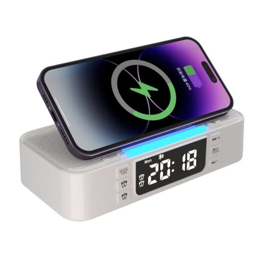 Digital Alarm Clock Wireless Charger Bluetooth Speaker RGB Night Light Cell Phone Stand