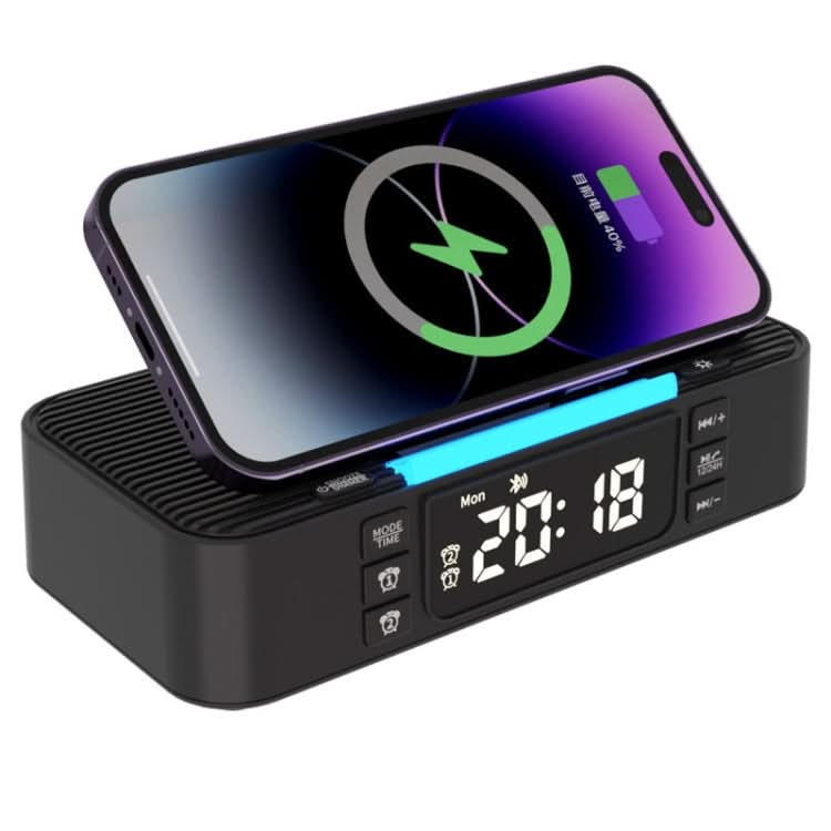 Digital Alarm Clock Wireless Charger Bluetooth Speaker RGB Night Light Cell Phone Stand