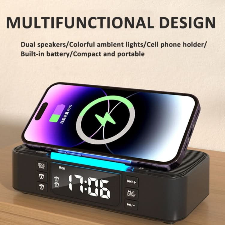 Digital Alarm Clock Wireless Charger Bluetooth Speaker RGB Night Light Cell Phone Stand