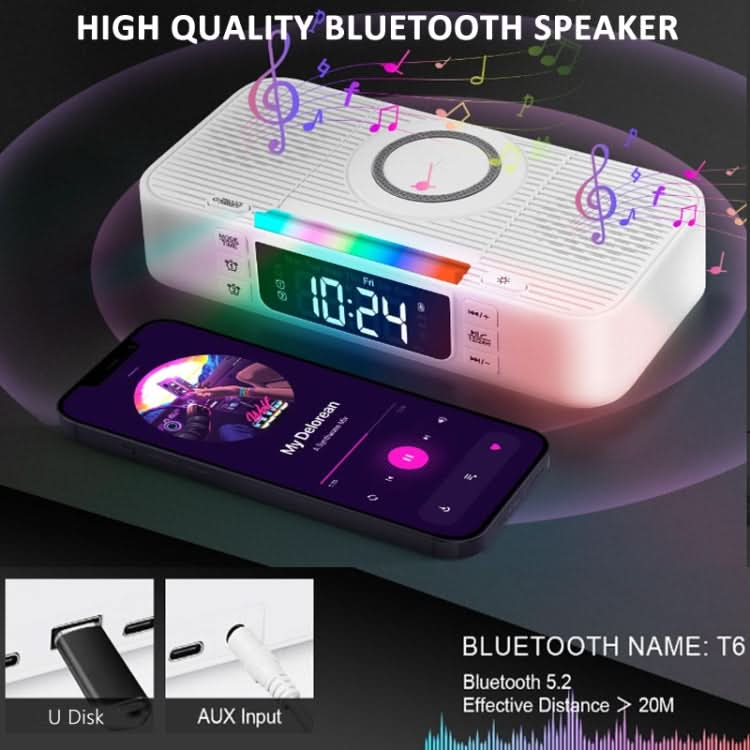 Digital Alarm Clock Wireless Charger Bluetooth Speaker RGB Night Light Cell Phone Stand