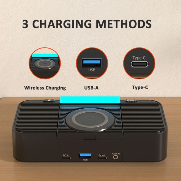 Digital Alarm Clock Wireless Charger Bluetooth Speaker RGB Night Light Cell Phone Stand