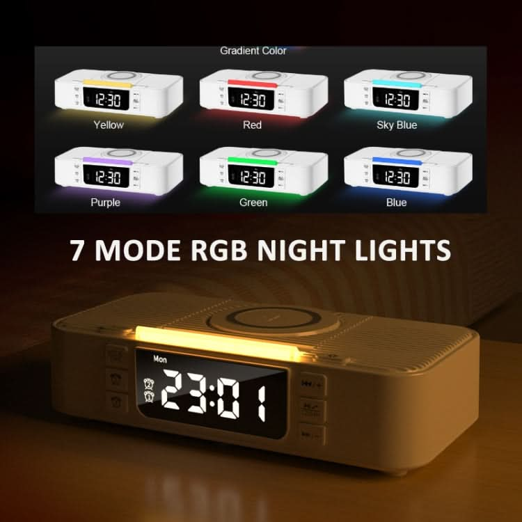 Digital Alarm Clock Wireless Charger Bluetooth Speaker RGB Night Light Cell Phone Stand