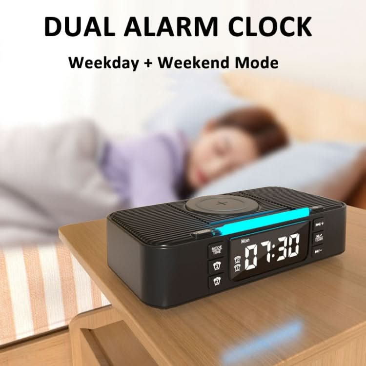 Digital Alarm Clock Wireless Charger Bluetooth Speaker RGB Night Light Cell Phone Stand