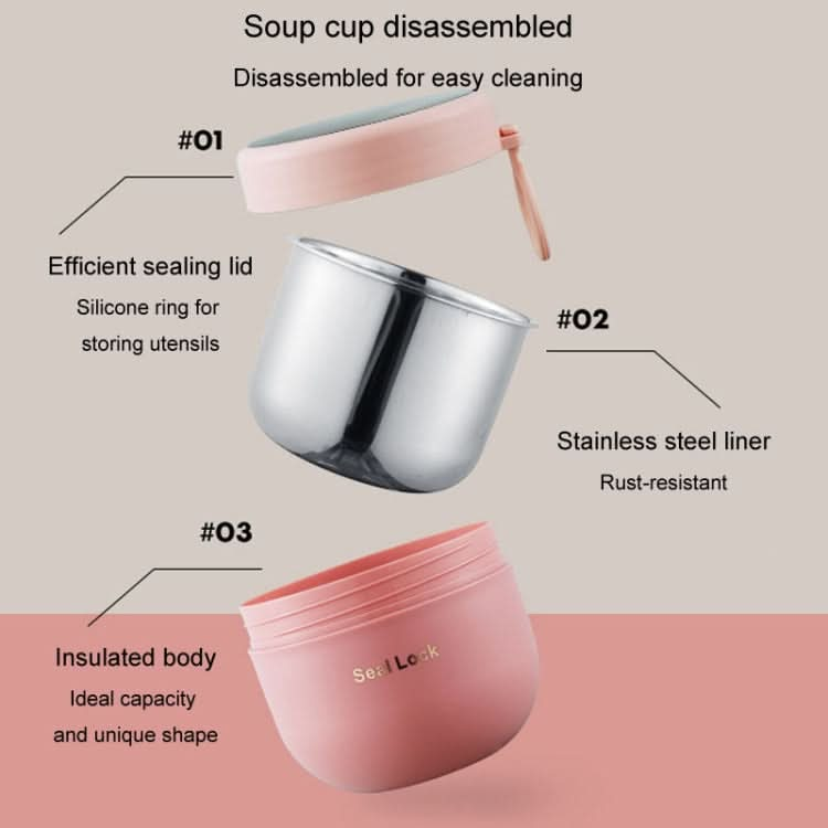 304 Stainless Steel Insulated Soup Bowl Oatmeal Breakfast Cup Portable Lunch Box, Color: 600ml Pink-Reluova