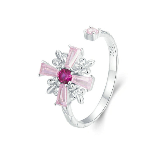 S925 Sterling Silver Platinum-plated Pink Iris Cross Open Ring My Store