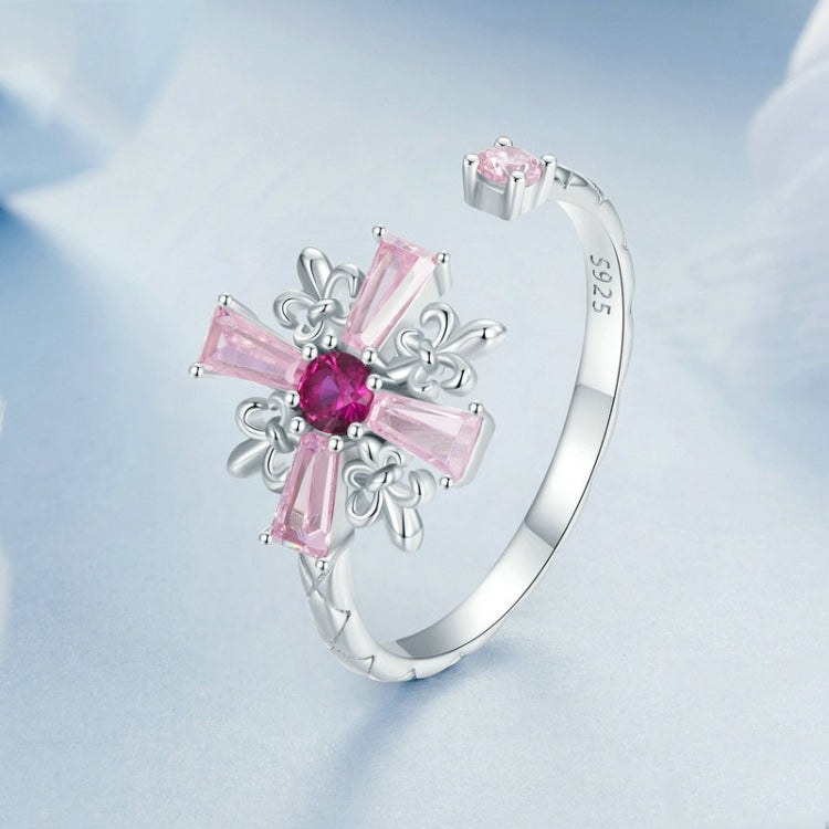 S925 Sterling Silver Platinum-plated Pink Iris Cross Open Ring My Store