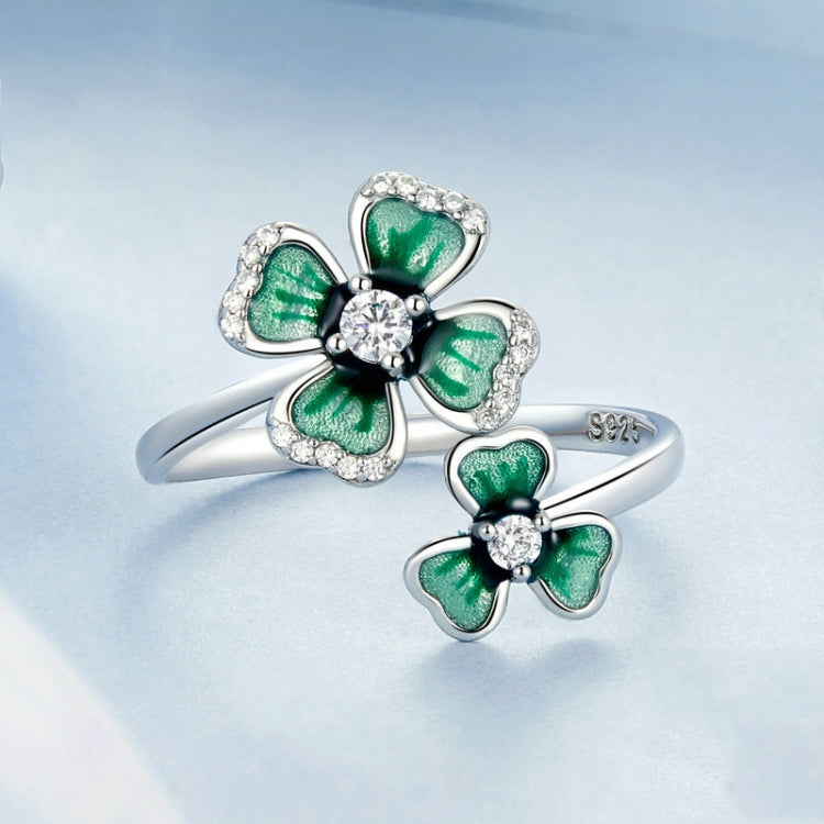 S925 Sterling Silver Platinum Plated Lucky Four-leaf Clover Open Adjustable Ring My Store