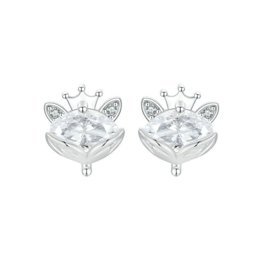 S925 Sterling Silver Platinum Plated Crown Fox Princess Earrings My Store