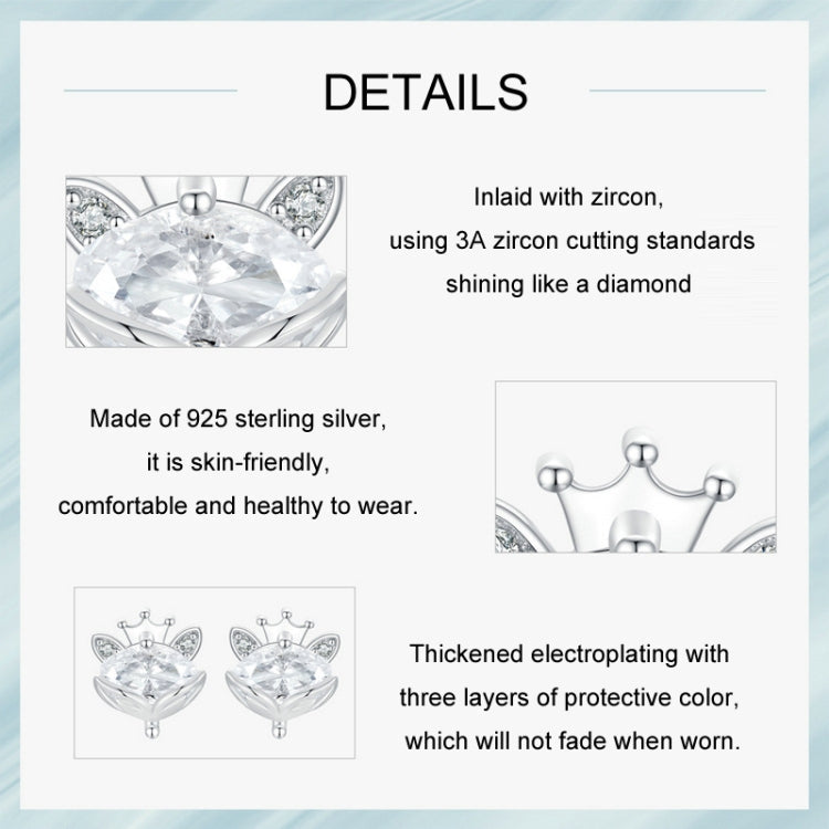 S925 Sterling Silver Platinum Plated Crown Fox Princess Earrings My Store